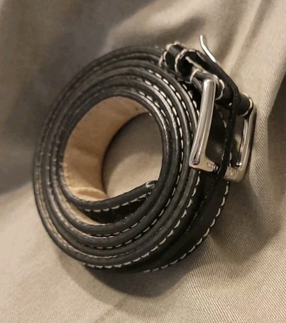 Anne Klein Black Leather Belt Silver Tone Buckle Contrast Stitch Size Medium